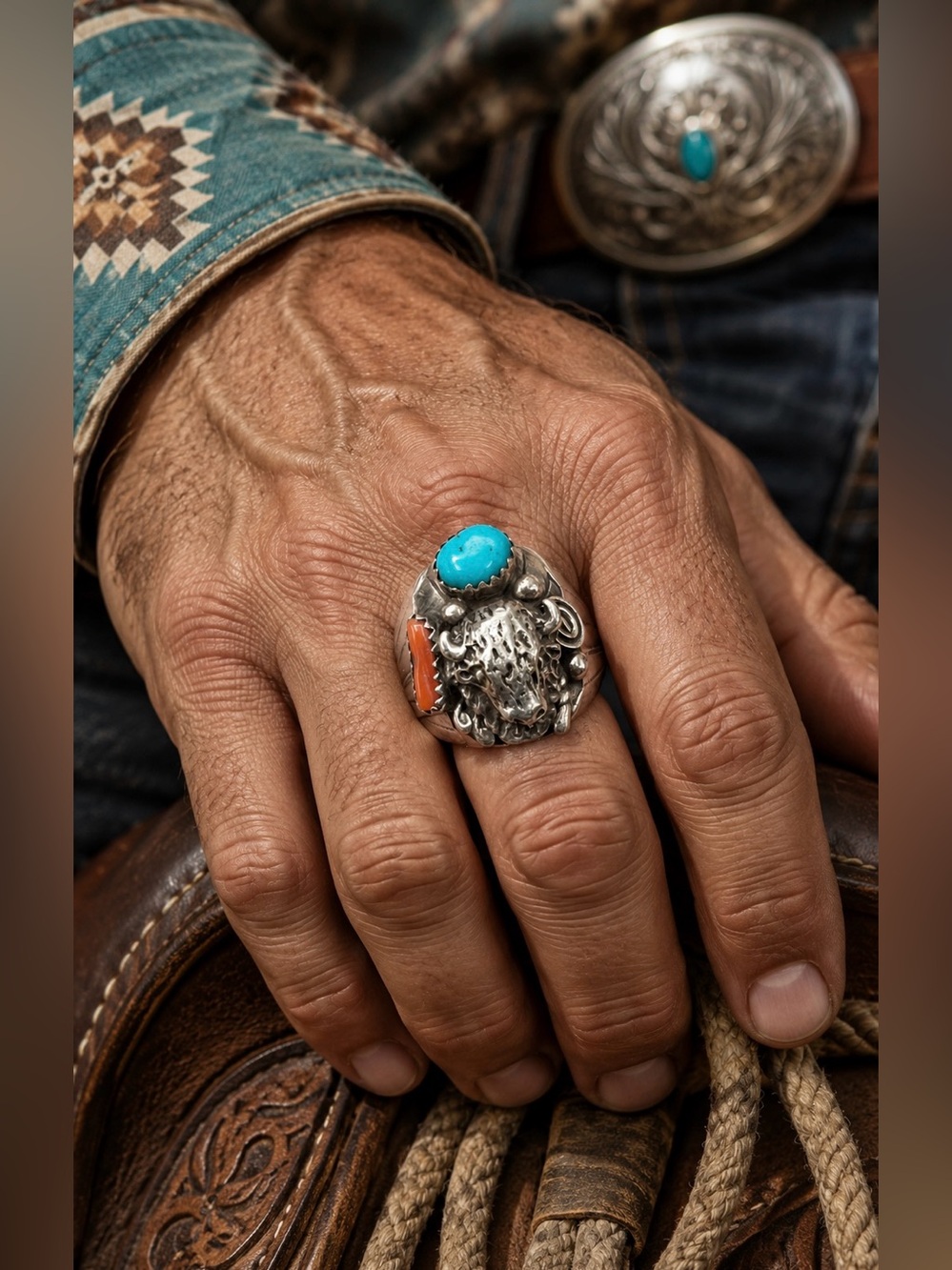 Navajo Native American Sterling Silver Turquoise Coral Buffalo Mens Ring 9.25